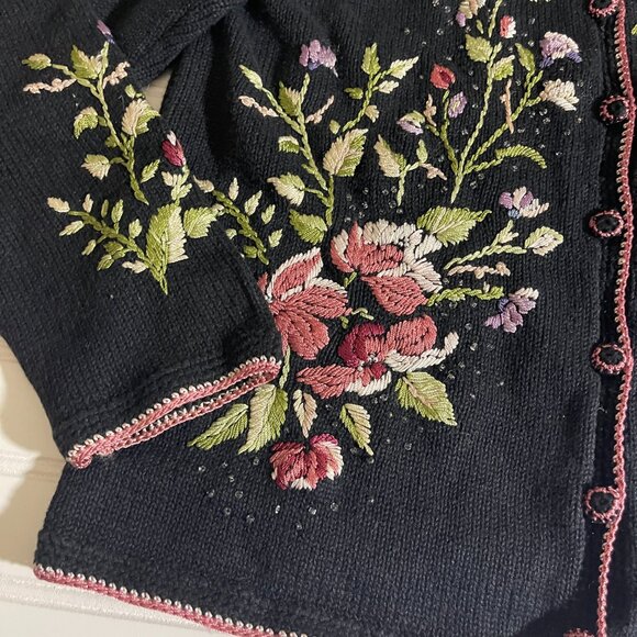 Vintage Tiara International Embroidered Cardigan Womens S Floral Black Cottage - Picture 3 of 12